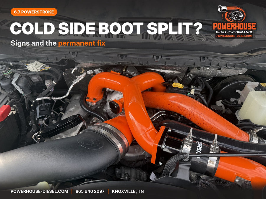 6.7 Powerstroke engine bay with orange Pusher charge tubes replacing the factory cold side boot
