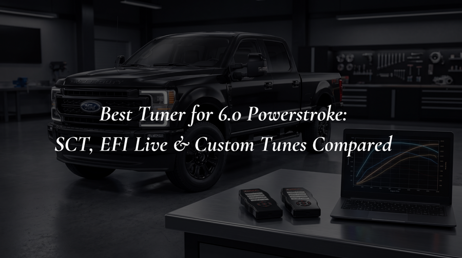 SCT and EFI Live tuners for a 6.0 Powerstroke laid out on a workbench