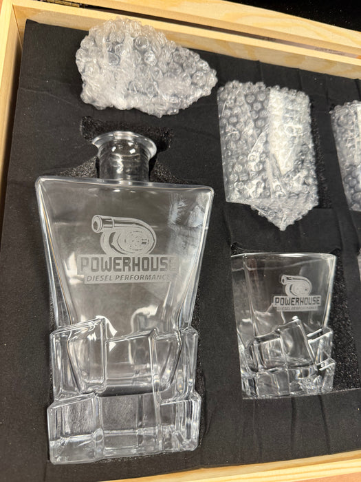 Powerhouse Diesel Engraved Whiskey Decanter Set — Decanter + 4 Glasses in Wooden Gift Box