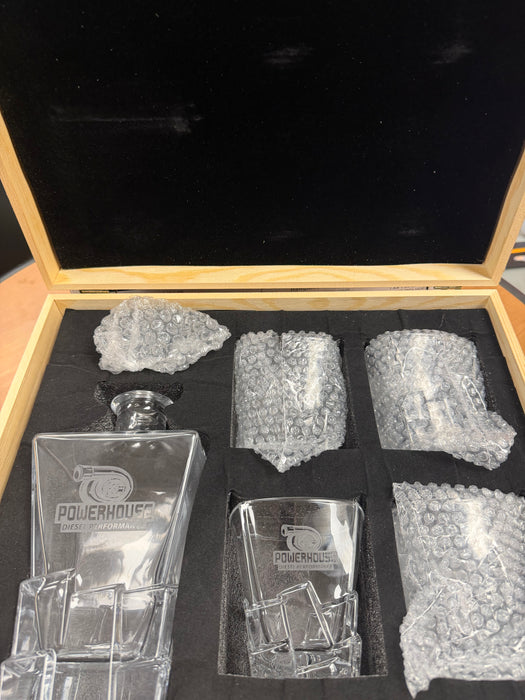 Powerhouse Diesel Engraved Whiskey Decanter Set — Decanter + 4 Glasses in Wooden Gift Box